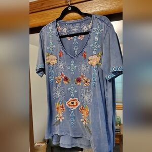 Karyn Seo Floral Embroidered Blue Blouse, Cotton, Handmade, V-neck, XL